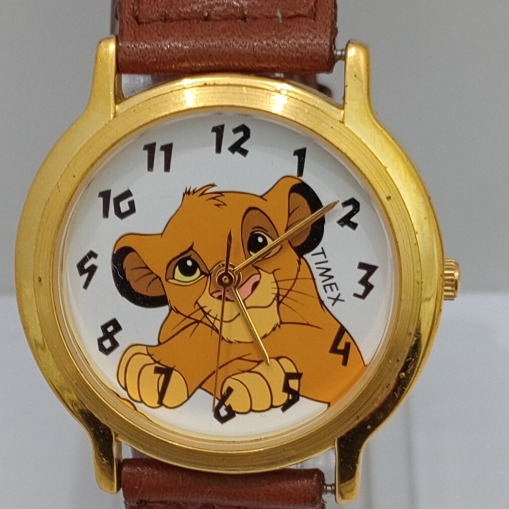Timex Disney Simba Lion King Watch Gold Tone Quartz Brown Leather 35mm